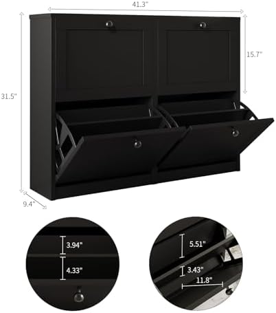 VOWNER Shoe Cabinet with 4 Flip Drawers, Freestanding Shoe Storage Cabinet with Adjustable Shelf & Anti-Tipping Device, Shoe Rack for Entryway, Hallway, Living Room (Black)