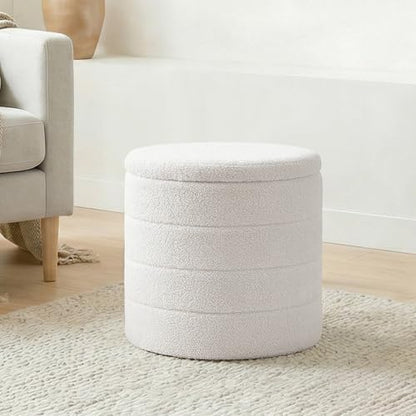 17" Round Storage Ottoman, Boucle Sherpa Ottoman with Tray