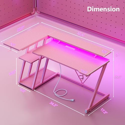 Korfile 47 Inch Gaming Desk with Power Outlet, LED, Carbon Fiber Pink