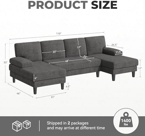 U-Shaped Sectional Sofa for Living Room, Modern Modular Sofa with Double Chaise, Classic Lounge Couch Sleeper for Apartment, Charcoal