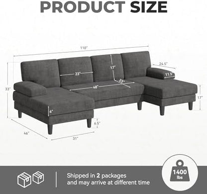 U-Shaped Sectional Sofa for Living Room, Modern Modular Sofa with Double Chaise, Classic Lounge Couch Sleeper for Apartment, Charcoal
