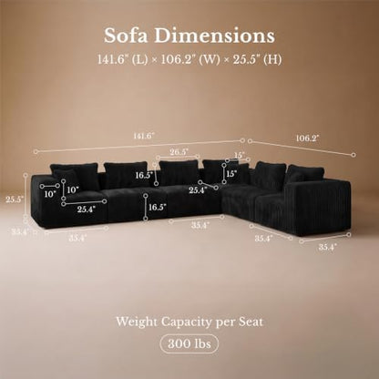 Maywish Modular Boneless Couch 141'', Sectional L Shaped Sofa Deep Seat
