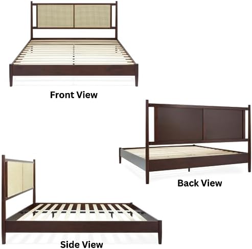 Bme Oliver 15-Inch King Bedframe with Rattan Headboard, Bohemian, Walnut