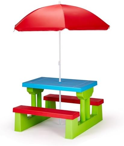 JOYMOR Kids Picnic Table with Removable Umbrella, Plastic Kids Activity Table for Outdoors, Toddler Table and Bench Set for Ages 3+, Ideal for Garden, Patio, Coloful