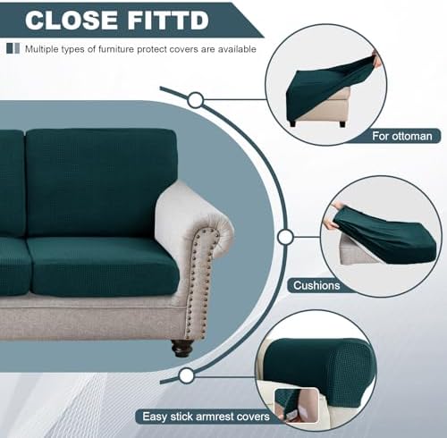 UNBBRRL Seat Cushion Cover and Back Covers for Corner Sofa Stretch Jacquard, Non Slip L Shaped Sofa Slipcover with Storage Ottoman, Sectional Couch Cover for Chaise Lounge (Teal,16 x 30 x 6”)