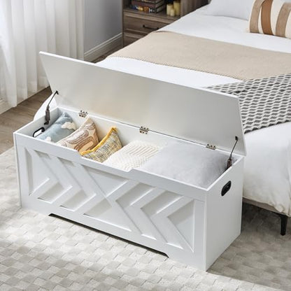 47.2” Storage Bench,Extra Large Wooden Storage Chest with 2 Safety Hinges,entryway Bench,Blanket Storage,Shoe Storage Bench for Entryway,Bedroom,Living Room,Easy Assembly. (White)