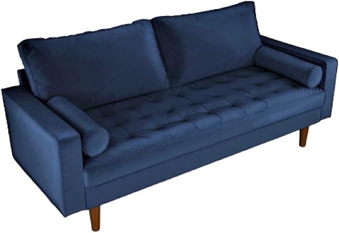 Container Furniture Direct Womble Mid Century Modern Soft Velvet Upholstered Tufted Seat with Bolster Pillows, Loveseat, Sofa, Misty Blue