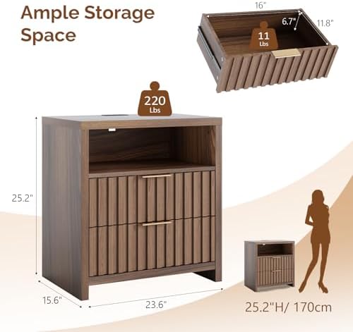 VINGLI Fluted Nightstand with Charging Station, 23.6" W Mid Century Modern Nightstand for Bedroom, 2 Drawer Bedside Table, End Tables Bedroom, Wood Side Table, Brown