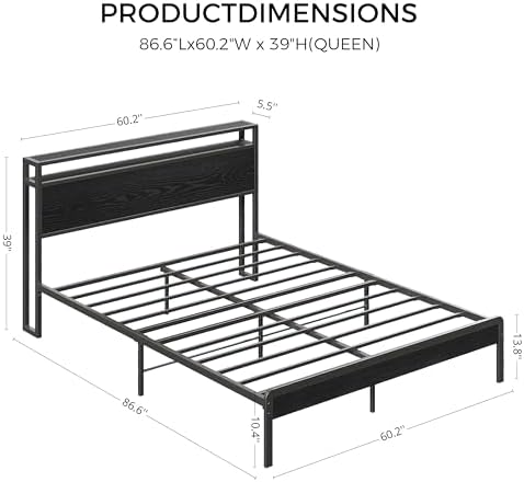LIKIMIO Queen Bed Frame with 2-Tier Storage Shelf Headboard