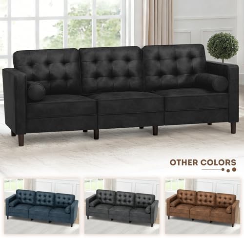 84" Suede Leather Modern Sofa with Bolster Pillows, Black