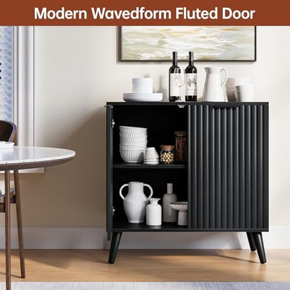 Black Sideboard Buffet Cabinet with Storage, 2 Doors Modern Fluted Buffet Cabinet for Living Room, Accent Credenza with Adjustable Shelves Entryway Storage Cabinets for Kitchen
