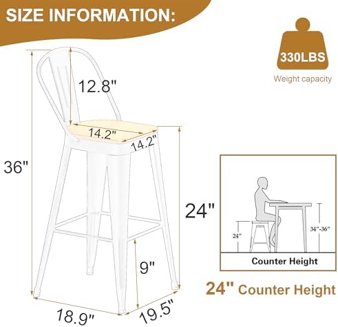 Metal Bar Stools Set of 4,24" Counter Height with Backs,Off White