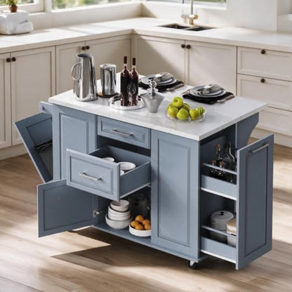 Kitchen Island with Storage on Wheels, Tilt Out Trash Can Cabinet