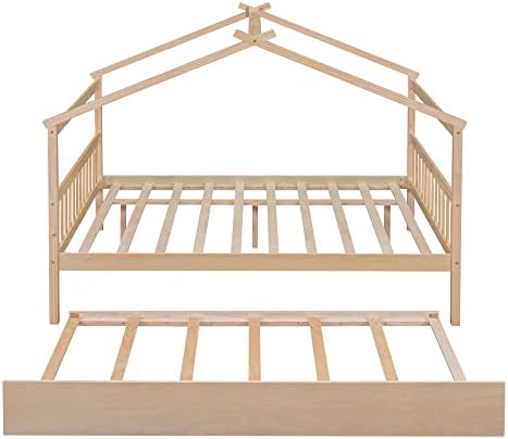 Merax Full Size Wooden House Bed with Trundle, Wood Bed Frame with Roof for Kids, Teens, Boys or Girls, Natural