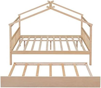 Merax Full Size Wooden House Bed with Trundle, Wood Bed Frame with Roof for Kids, Teens, Boys or Girls, Natural
