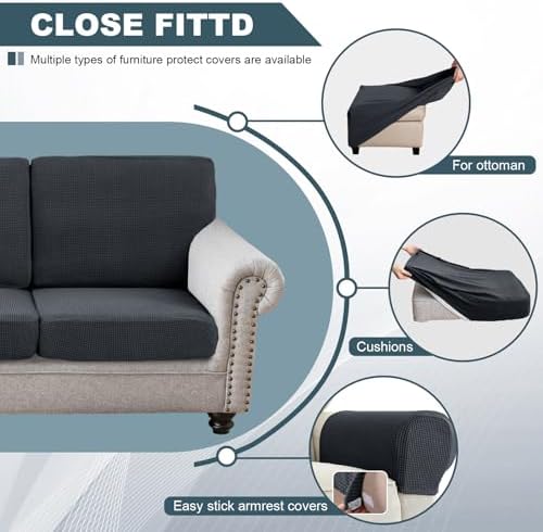 UNBBRRL Seat Cushion Cover and Back Covers for Corner Sofa Stretch Jacquard, Non Slip L Shaped Sofa Slipcover with Storage Ottoman, Sectional Couch Cover for Chaise Lounge (Dark Grey,47 x 47 x 6”)