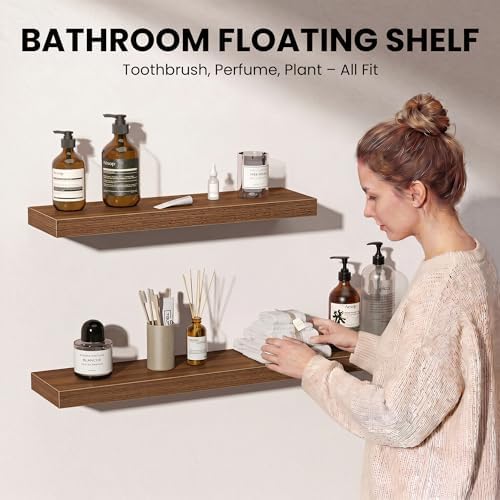 Floating Shelves for Wall, 40 Inch Long Set of 2 Rustic Wood Wall Shelves with Invisible Brackets, Heavy Duty Storage Display for Living Room Bedroom Kitchen, Walnut