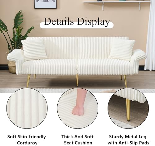 79" Corduroy Convertible Sofa Bed with Folding Armrests, White