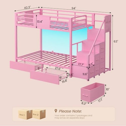 Bunk Bed Twin Over Twin with Stairs, Storage Drawers and LED Lights