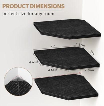 Corner Shelf Wall Mount, Floating Corner Shelves, Set of 6 Corner Wall Shelf Organizer, Rustic Wood Wall Storage Display Shelves for Living Room Bedroom Bathroom Kitchen, Classic Black