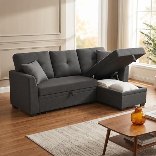 Convertible Sofa Bed, L Shape Sleeper Sofa with Reversible Storage Chaise, Tufted Fabric Sectional Sleeper Sofa with Pull Out Bed for Small Space, Living Room, Apartment, Charcoal Black