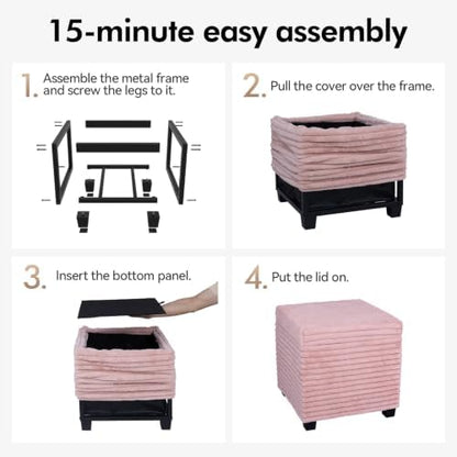 ABHENG Steel Frame Square Ottoman with Storage Vanity Stool Pink UASND643P