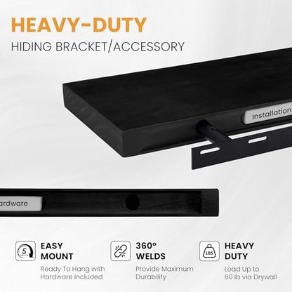 Floating Shelves for Wall, 55" x 9.3" Solid Pine Wood Wall Shelf, Wall Mounted Display Shelf with Invisible Heavy-Duty Metal Bracket, Black Floating Shelves for Home Decor and Storage, 1 Pack