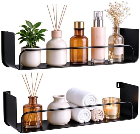 Black Shower Caddy, 2 Pack Metal Floating Black Bathroom Shelf with Guardrail, U-Shaped Wall Mounted Shelves for Kitchen, Living Room, Bedroom, Home Storage and Organizer