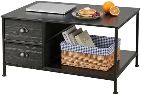 SENIG Small Coffee Table with Drawers for Living Room 31.5 Inch Black Oak