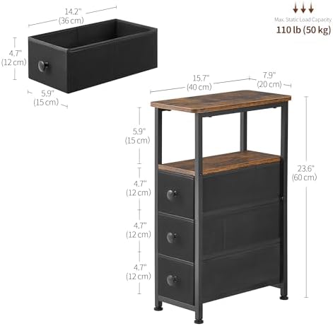 End Table, Narrow Side Table with 3 Fabric Drawers, Slim Nightstand, Small Bedside Table with Storage, Living Room, Bedroom, Rustic Brown HKET1300BR