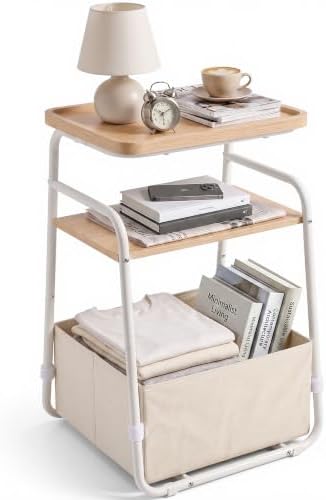 3 Tiers End Table with Fabric Basket, SmallSide Table for Small Spaces, Modern DecorNightstand with Handle, Tv Tray for LivingRoom, Bedroom, Dorm, Oak