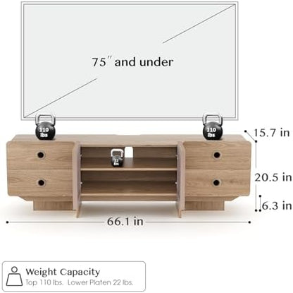 JOINICE 66" Fluted TV Stand, Boho TV Consoles for Living Room, Modern Entertainment Center with Storage, Media Console Cabinet for 75 inch TV(Oak)