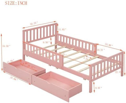 Bellemave Girls Twin Bed Frame with Fences and 2 Drawers, Kids Twin Platform Bed with Guardrails on Both Sides, Pink