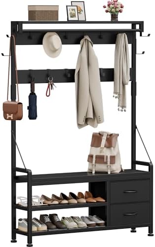 Coat Rack, 39.4” Hall Tree with Shoe Storage Bench, Black