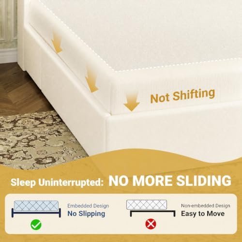 SHA CERLIN Queen Upholstered Platform Bed Frame with 3 Spacious Storage Drawers, Built-in LED Lights & Charging Station, Vertical Tufted Headboard with Shelf, No Box Spring Needed, Chenille White
