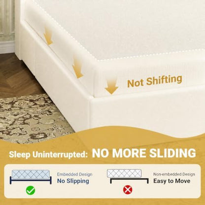 SHA CERLIN Queen Upholstered Platform Bed Frame with 3 Spacious Storage Drawers, Built-in LED Lights & Charging Station, Vertical Tufted Headboard with Shelf, No Box Spring Needed, Chenille White