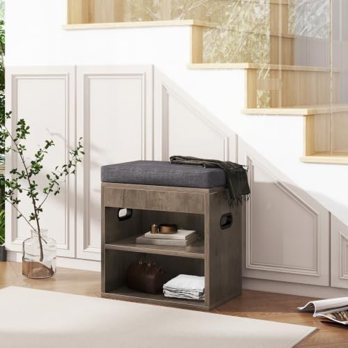 Small Shoe Storage Bench with Cushion and Drawer, Silver Gray