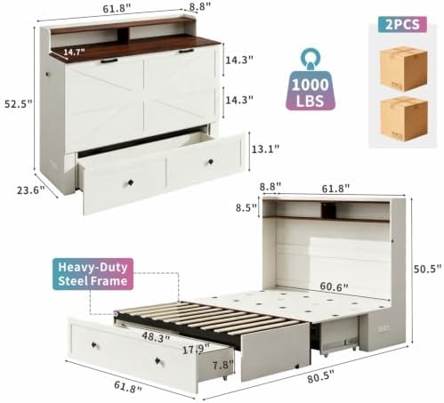 Vipbear Queen Murphy Bed with Mattress Included with LED Lights & Storage