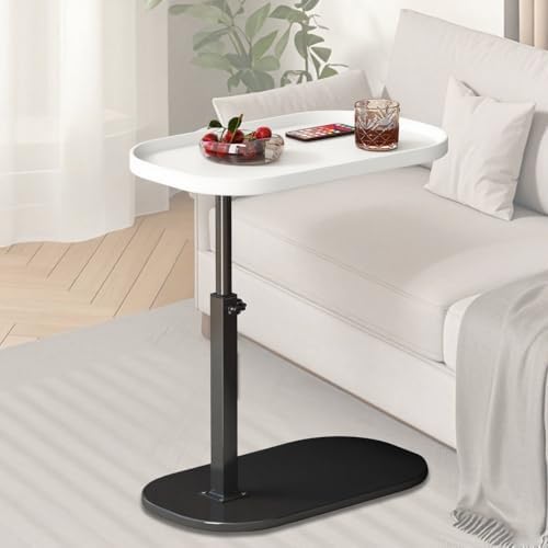 Adjustable Height C Shaped Side Table, Couch Tables that Slide Under, C Side Table Raised Edge, 360°Swivel C Shaped End Table, Small Coffee C Table, End Table for Sofa/Bed/Bathtub (Marble White)