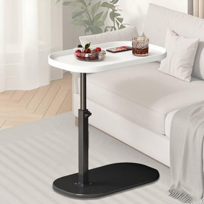 Adjustable Height C Shaped Side Table, Couch Tables that Slide Under, C Side Table Raised Edge, 360°Swivel C Shaped End Table, Small Coffee C Table, End Table for Sofa/Bed/Bathtub (Marble White)