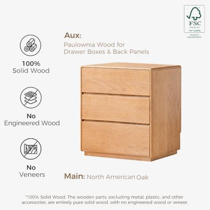 Solid Wood 3-Drawer Nightstand for Bedroom, Oak Wood