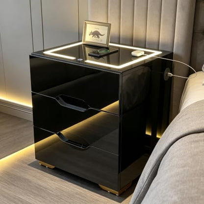 kepptory 3 Drawer Nightstand with Charging Station, Smart Bedside Table with Wireless Charging & LED Lights, High Gloss End Table with USB Ports, Modern Storage Cabinet Organizer for Bedroom, Black
