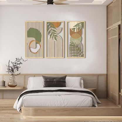 IARTTOP Boho Mid-Century Modern Wood Wall Art 16x32 Inch Large Green Abstract Wood Wall Decor Mid Century Bohemian Artwork for Bedroom Living Room Office Kitchen Set of 3