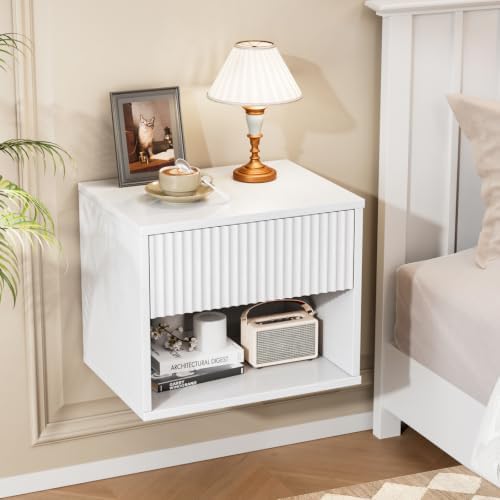 VINGLI Floating Nightstand White Fluted Night Stand 1 Drawer Bed Side Table, Storage Nightstand with Drawers, Wood Night Stand End Table for Bedroom, 15.75" W x 11.81" D x 12.83" H