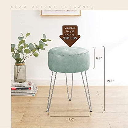 LUE BONA Small Vanity Stool Chair for Makeup Room, Mint Green Stool for Vanity, 19” Height, Tufted Faux Leather Vanity Chair Stool with Metal Legs, Modern Foot Stool Ottoman for Bedroom, Living Room
