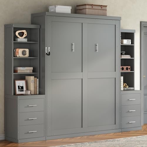 Queen Murphy Bed with Storage Shelves and Drawers, Solid Wood Foldable Hidden Vertical Murphy Wall Bed with Storage Bookcase for Adults, Library,Guest Room,Bedroom,Office,Space-Saving (Queen,Grey)