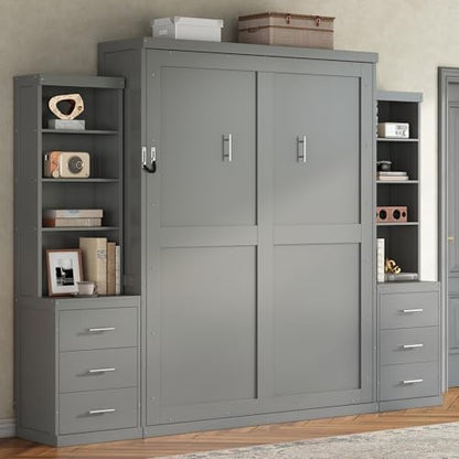 Queen Murphy Bed with Storage Shelves and Drawers, Solid Wood Foldable Hidden Vertical Murphy Wall Bed with Storage Bookcase for Adults, Library,Guest Room,Bedroom,Office,Space-Saving (Queen,Grey)