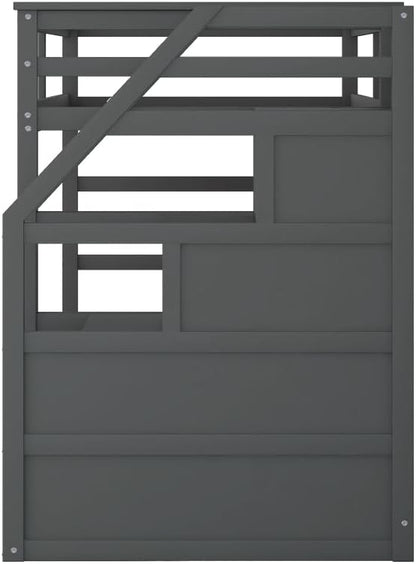 MERITLINE Twin Over Twin Bunk Beds with Trundle and Storage Box, Solid Wood Bunk Bed with Stairs and Storage Case for Teens Adults (Gray + Solid Wood)