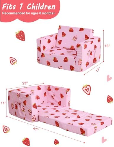lasoftan Toddler Couch, 2-in-1 Soft Kids Couch Bed Fold Out, Toddler Chairs Comfy for Boys & Girls, Convertible Kids Sofa to Lounge for Playroom, Gift for Birthday, Children's Day - Pink Strawberry
