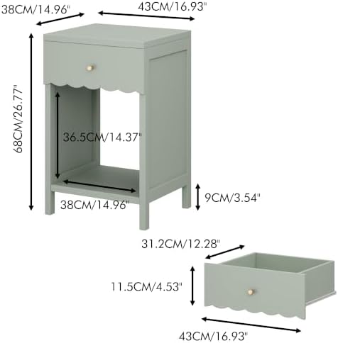 Cute Nightstand with Drawer, Scalloped Bedside Table, Sage